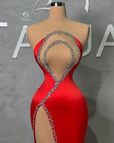 Sexy Long Red Mermaid Beading Sleeveless Prom Dress With Slit